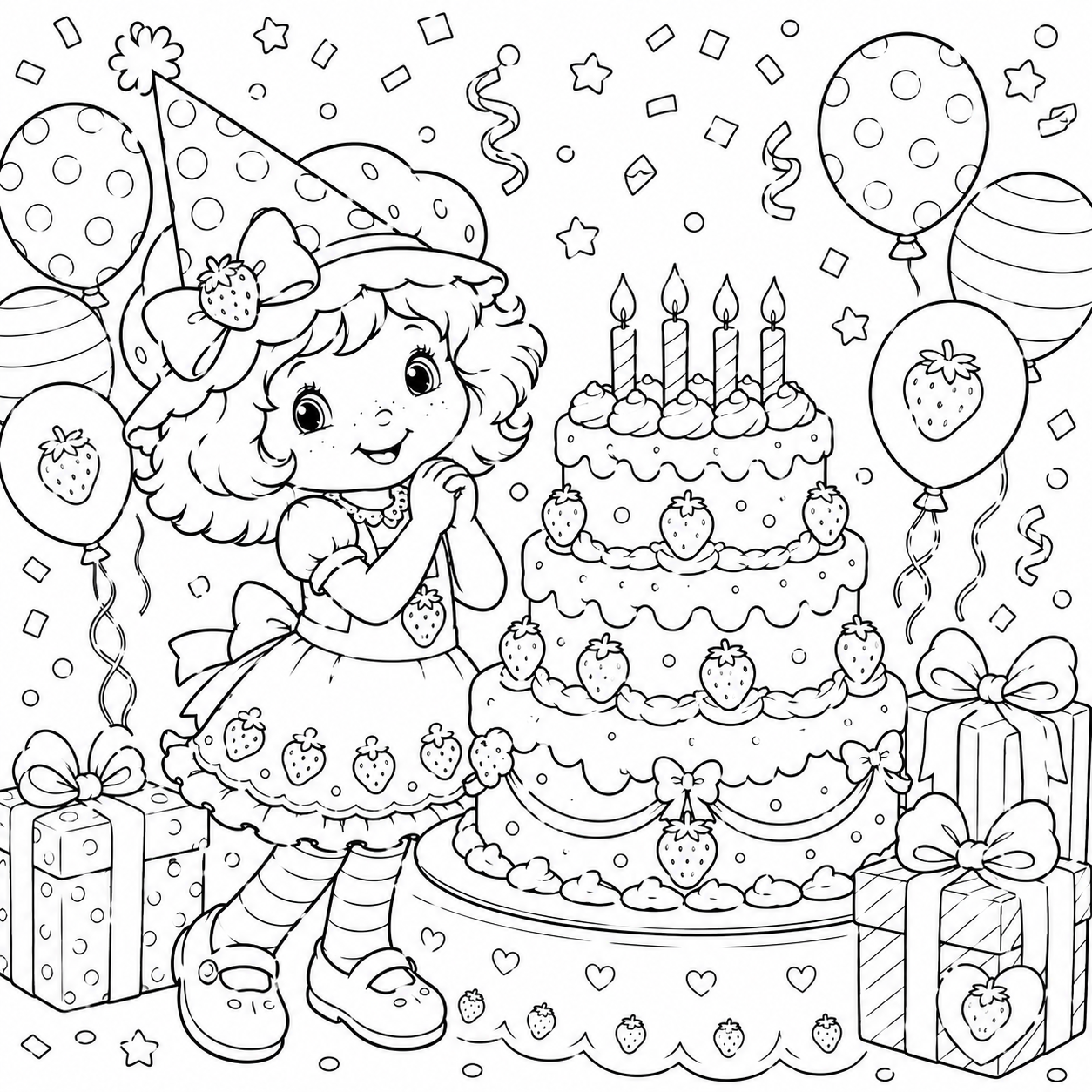 Strawberry Shortcake's Birthday Party coloring page with three-tiered strawberry birthday cake and balloons
